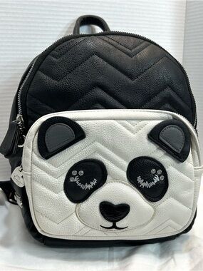 Betsey Johnson LUV Black & White Panda Bear Quilted Backpack Monogram Lining EUC